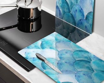 Watercolor Scales Tempered Glass Splashback, Glass Splash Guard, Backsplash Panel, Glass Kitchen Splashback, Blue Culinary Decor