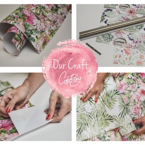 May include: A close-up of a person's hands working with floral patterned wrapping paper. The paper has a white background with pink and green flowers. The text "Our Craft Add Ray" is written in pink on a pink watercolor background.