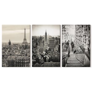 Set Of 3 Canvas Prints - City Views Paris New York And Charming Stairs, Beige Picture Canvas Print, Travels Hanging Piece