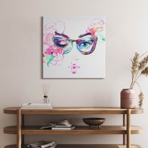 Face of a woman with glasses Canvas, Picture Wall Hanging, Pink Wall Decor, Abstraction Canvas Print