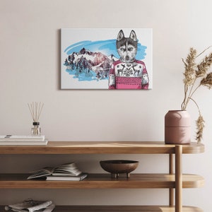 Husky in a sweater Canvas, Picture Wall Hanging, Multicolor Wall Art, Animals Canvas Painting