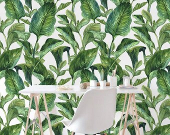 Wallpaper In Roll, Green Banana Leaves   Modern Wall Decor  Exotic Wallpaper  Tropical Mural  Peel And Stick  Self Adhesive  Decal #165R