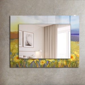Sunflower Field Mirror, Rectangular Mirror with Frame, Yellow Printed Decorative Frame, Wall Mirror, Hallway Mirror