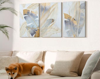 3er Set Wandkunst - Blätter in den Farben Blau und Beige, Blaue große Leinwand Wandkunst, Pflanzen und Blumen Wanddekor
