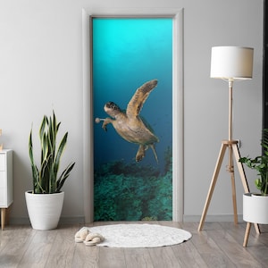 Underwater Turtle Door Sticker, Self-Adhesive Cover, Animals Door Mural, Blue Door Decals, Office Door Stickers