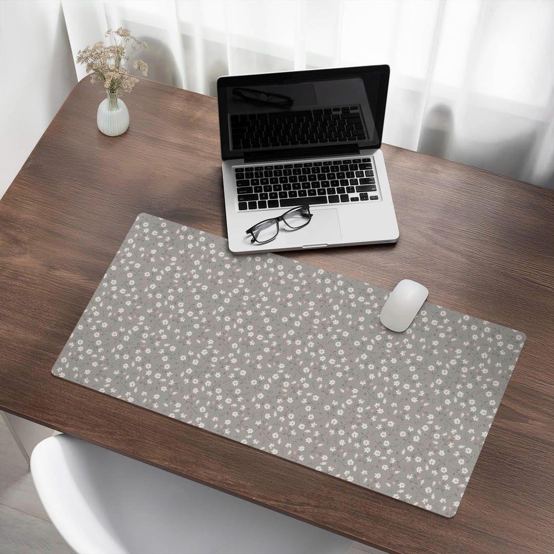 Floral Retro Pattern Desk Mat, Gray Desk Pad, PVC Table Protector ...