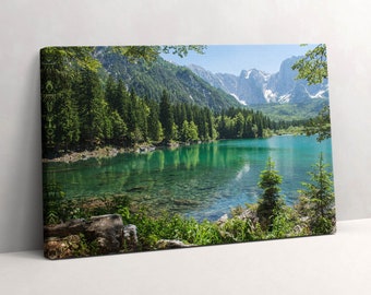 Mountain landscape of a lake in the forest Canvas, Picture Wall Hanging, Green Wall Art, Landscape Canvas Painting