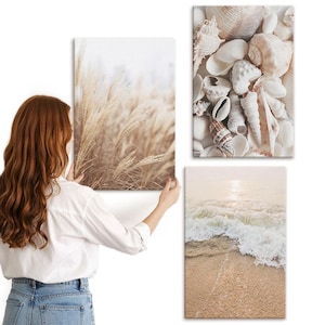Puede incluir: Tres cuadros de pared de lienzo con temas costeros. Uno muestra hierbas altas y secas en tonos beige. Otro muestra una colección de conchas marinas. El tercero representa una escena de playa con olas y sol.