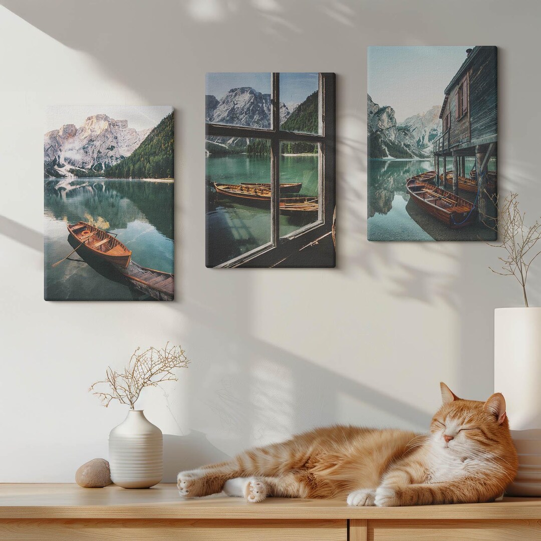 Canvas Art Set of 3 - View of A Mountain Lake With Boats and A House by ...