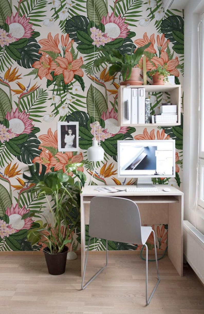Botanical Flowers Wallpaper in Roll, Green Reusable Wall Mural, Floral ...