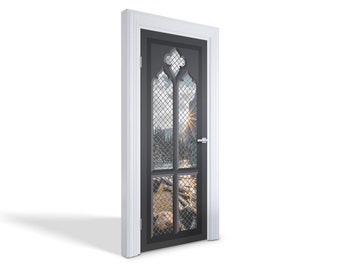 Bergblick durch das Fenster Türaufkleber, selbstklebende Abdeckung, Landschaftstürbild, graue Türaufkleber, Bürotüraufkleber