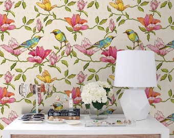 Flowers and Birds Wallpaper In Roll, Colorful Reusable Wall Mural, Floral Pattern, Home Makeover #74R