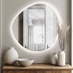 Asymmetrical LED Mirror, Stylish Illuminated Mirror, Bedroom Mirror with LED backlight, Amorphic Mirror with LED lights, Frameless Mirror