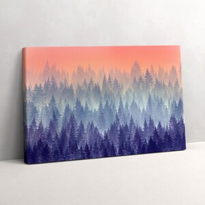 Forest in the fog Canvas, Picture Wall Hanging, Pink Wall Decor, Nature Canvas Print