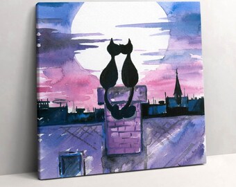 Toile chats regardant la lune, art mural, décoration murale violet, toile d'art
