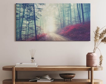 Road in a foggy autumn forest Canvas, Picture Wall Hanging, Gray Wall Decor, Nature Canvas Print