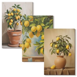 May include: Three canvas art prints featuring lemon trees. One shows a potted lemon tree, another depicts lemons on a branch, and the third displays a lemon tree in a terracotta vase. The lemons are yellow, and the leaves are green.