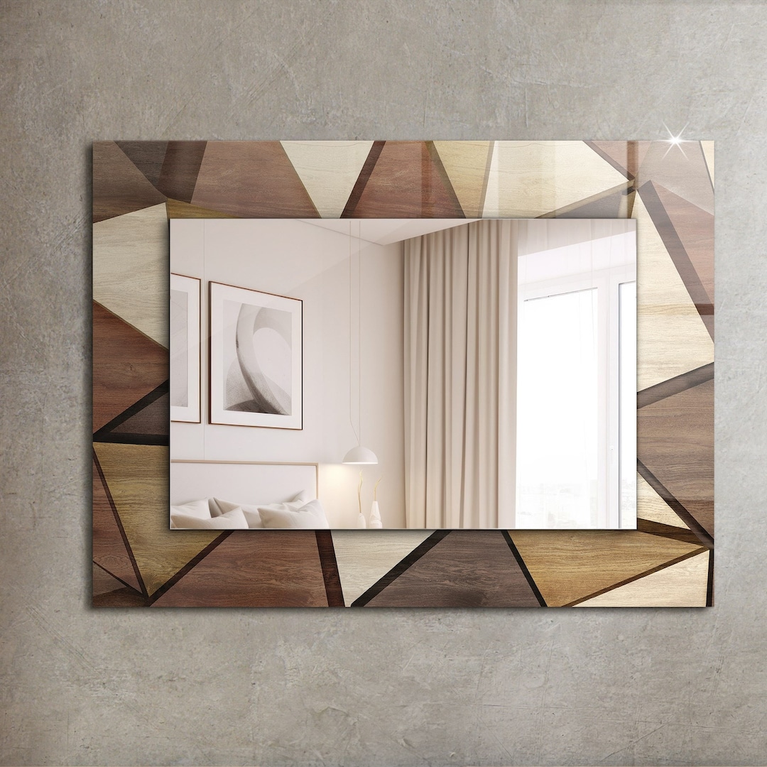 Wooden Geometric Patterns Mirror, Rectangular Mirror With Frame, Brown ...