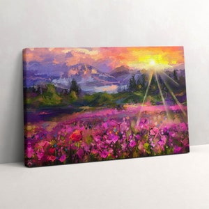 Meadow in sunset Canvas, Picture Wall Hanging, Purple Wall Decor, Abstraction Canvas Print image 2