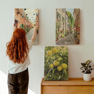 Set di 3 stampe su tela - Strade affascinanti con fiori e limoni, stampa su tela con immagine gialla, decorazione da parete con paesaggi