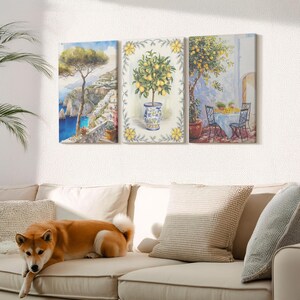 Set di 3 tele da parete - Vista sul mare con alberi di limoni, grande tela gialla da parete, decorazione da parete con paesaggi
