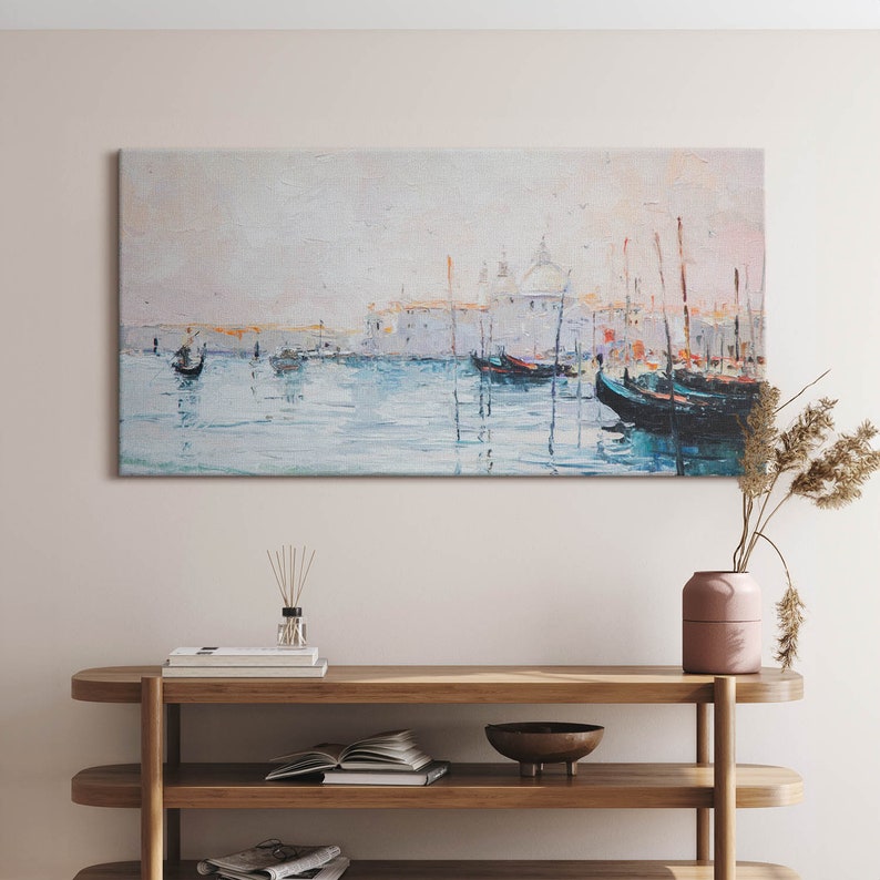 Oil painting of gondolas in Venice Canvas, Picture Wall Hanging, Blue Wall Decor, Landscape Canvas Print 120x60cm I 47"x24"