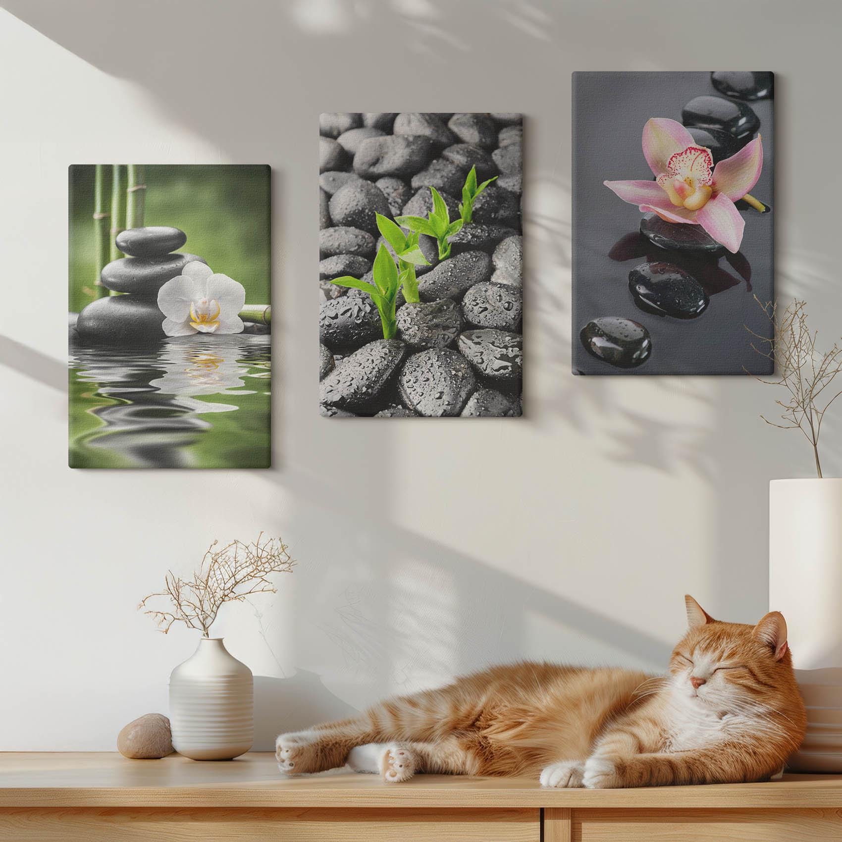 Canvas Art Set of 3 - A Peaceful Zen Composition of Stones and