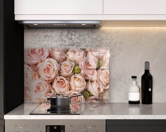 A Delicate Bouquet Of Roses Tempered Glass Wall Panel, Oven Glass Protection, Stove Top Cover, Glass Kitchen Backsplash, Pink Kitchen Decor