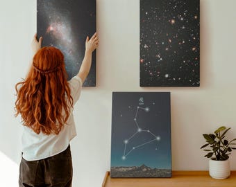 Juego de 3 lienzos artísticos: Galaxia de la constelación de Leo y espacio exterior, impresión azul marino sobre lienzo, pieza colgante para el espacio y la astrología.