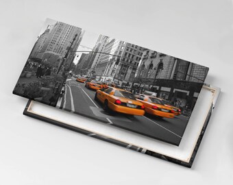 Taxi traffic on an avenue in Manhattan Canvas, Picture Wall Hanging, Gray Wall Art, Travel Canvas Painting