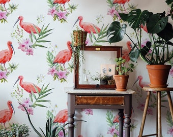 Flamingo Wildlife Wallpaper In Roll, Pink Reusable Wall Mural, Animal Pattern, Home Makeover #53R
