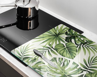 Monster Leaves Tempered Glass Wall Panel, Oven Glass Protection, Stove Top Cover, Glass Kitchen Backsplash, Green Kitchen Decor