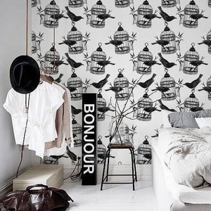 Birdcade and Birds Wallpaper In Roll, Black Reusable Wall Mural, Animal Pattern, Home Makeover #59R