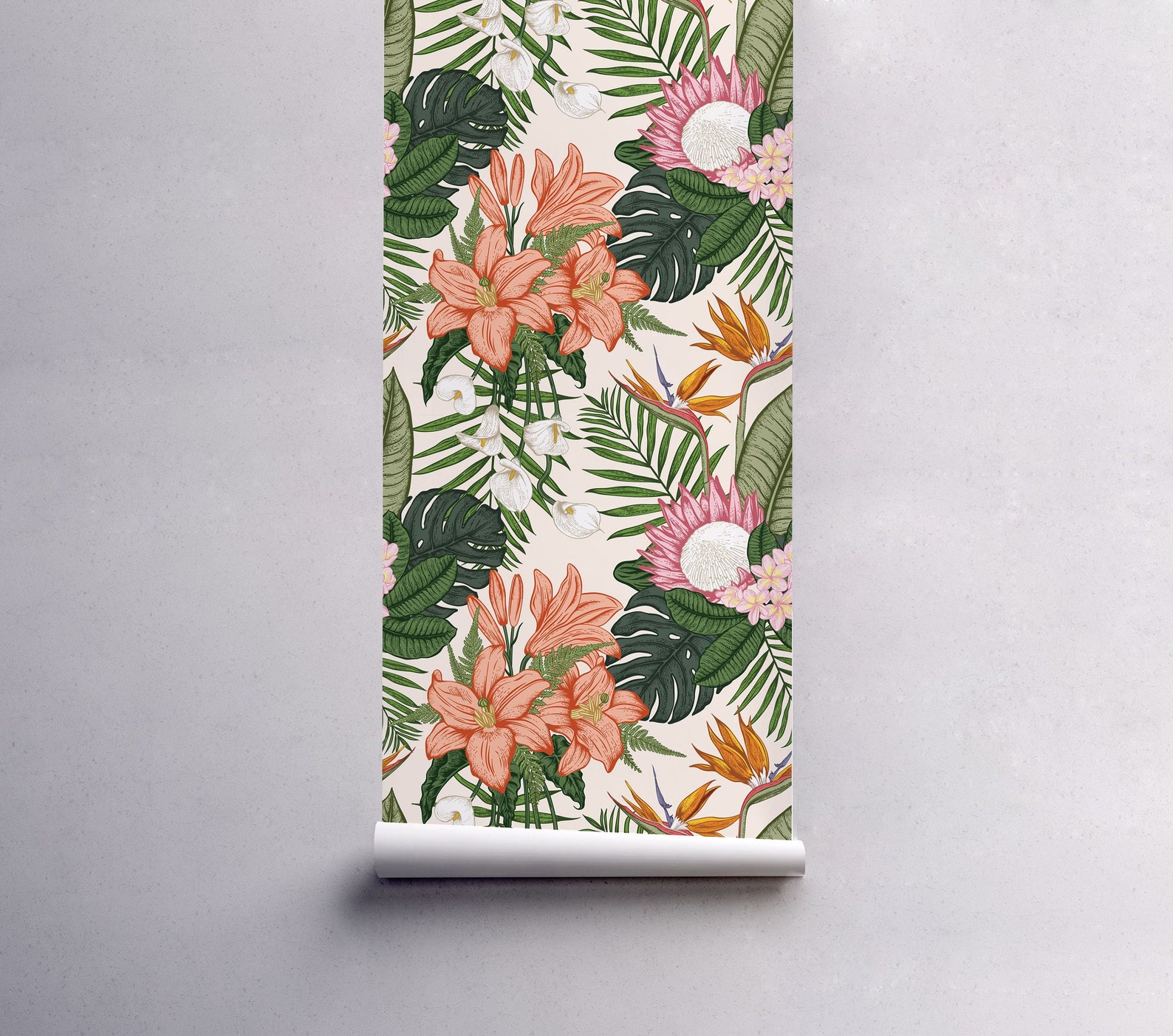 Botanical Flowers Wallpaper in Roll, Green Reusable Wall Mural, Floral ...