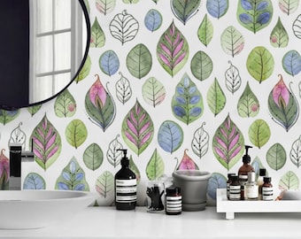 Cartoon Leaves Wallpaper In Roll, Green Reusable Wall Mural, Floral Pattern, Home Makeover #183R