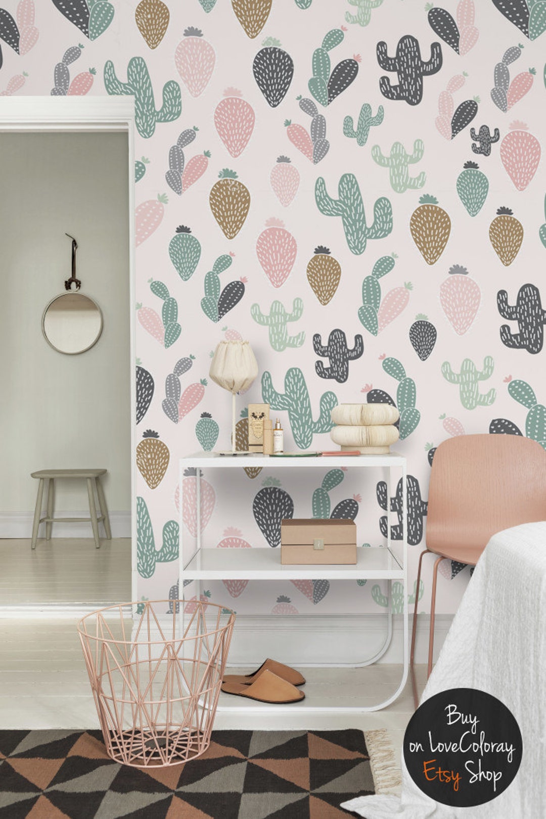 Pastel Cactus Wallpaper, Peel and Stick Removable Wallpaper, Wall Decal