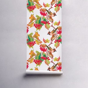 Atummn birds on branch Wallpaper In Roll, Red Reusable Wall Mural, Floral Pattern, Home Makeover 93R image 2