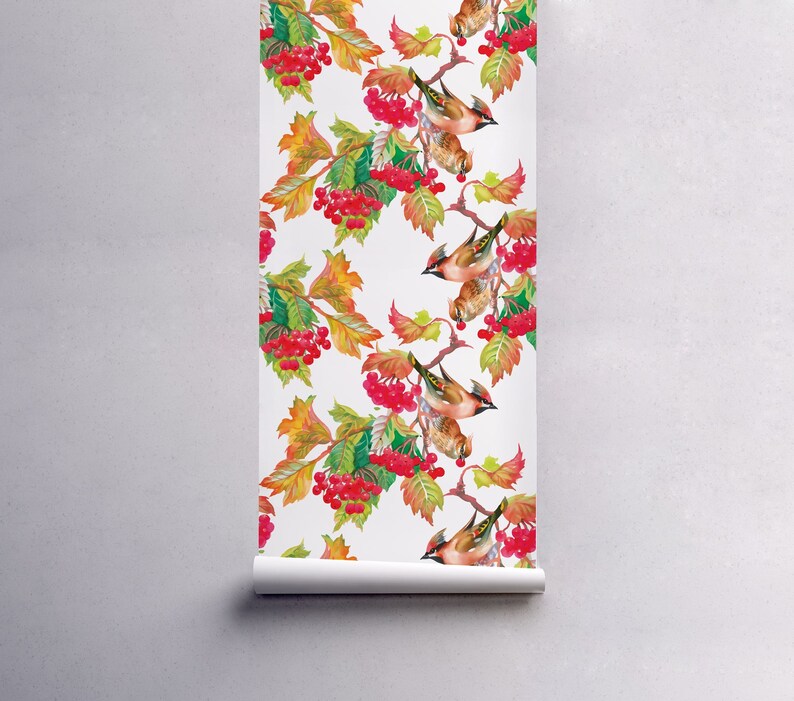 Atummn birds on branch Wallpaper In Roll, Red Reusable Wall Mural, Floral Pattern, Home Makeover 93R image 2