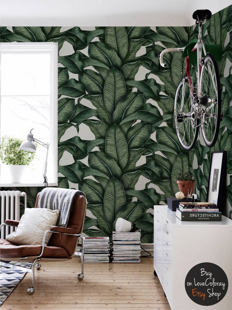 Banana leaf wallpaper, Banana leaves, Drawing tropical wall mural, Removable wallpaper, Wall murals, Tropical design 40 image 1