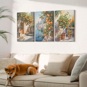 Canvas Set Of 3 Wall Art - Painted Citrus Fruits And Seaside Landscapes, Orange Wall Art Canvas Large, Landscapes Wall Decor