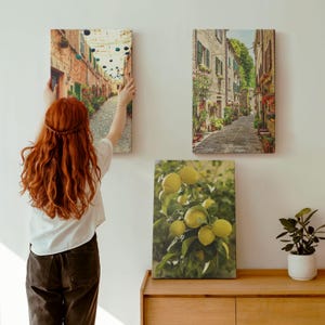 Canvas Art Set Of 3 - Charming Streets With Flowers And Lemons, Yellow Picture Canvas Print, Landscapes Wall Decor