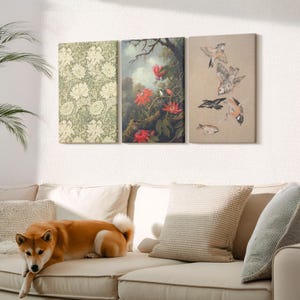 Set di 3 tele da parete - Fiori e uccelli in un ambiente naturale, stampa su tela con immagine verde, piante e fiori da appendere