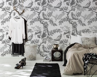 Grey Birds Wallpaper In Roll, Gray Reusable Wall Mural, Animal Pattern, Home Makeover #95R