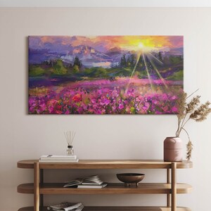 Meadow in sunset Canvas, Picture Wall Hanging, Purple Wall Decor, Abstraction Canvas Print 120x60cm I 47"x24"