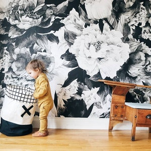 Grey Peony removable wallpaper, Peonies wall mural, Black and white peony wallpaper, Peel and stick wallpaper, Temporary wallpaper #58
