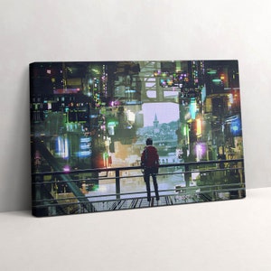 Canvas Cyberpunkstad, foto aan de muur, groene muurkunst, abstractie canvas schilderij