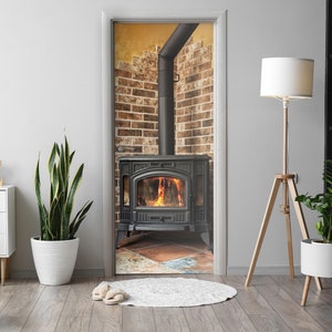 Cast Iron Fireplace Door Sticker, Self-Adhesive Cover, Decoration Door Mural, Brown Door Decals, Office Door Stickers