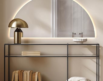 Miroir LED de luxe, Miroir de courtoisie minimaliste, Miroir demi-lune esthétique avec lumières LED, Grand miroir lumineux, Miroir sans cadre