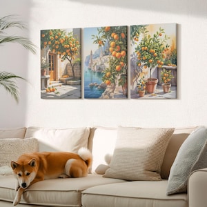 Set di 3 tele da parete - Dipinti di agrumi e paesaggi marini, grande tela da parete arancione, decorazione da parete con paesaggi