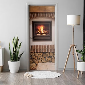 Fireplace With Wood Door Sticker, Self-Adhesive Cover, Architecture Door Mural, Brown Door Decals, Office Door Stickers